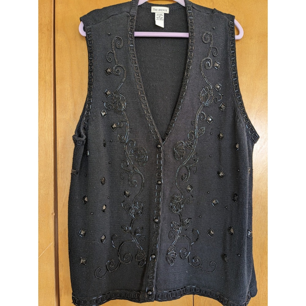 The Avenue Womens 3X Black Beaded Floral Knit Sweater Vest Sleeveless Cardigan